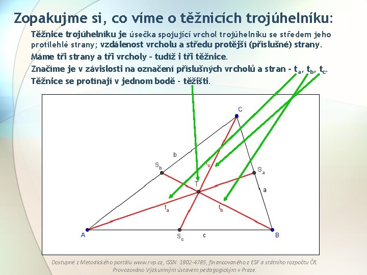 Zopakujme si, co víme o těžnicích trojúhelníku: Těžnice trojúhelníku je úsečka spojující vrchol trojúhelníku