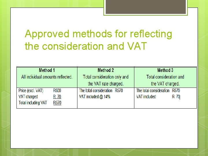 Approved methods for reflecting the consideration and VAT 