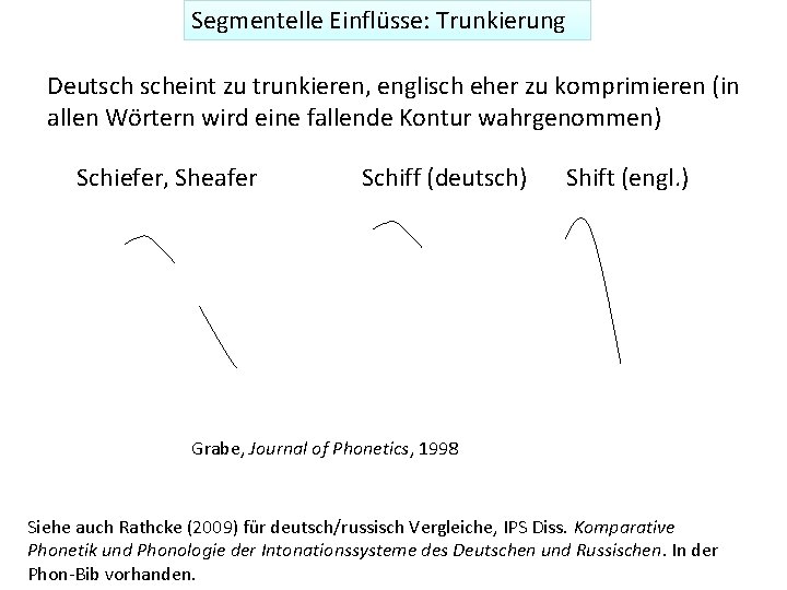 Segmentelle Einflüsse: Trunkierung Deutsch scheint zu trunkieren, englisch eher zu komprimieren (in allen Wörtern