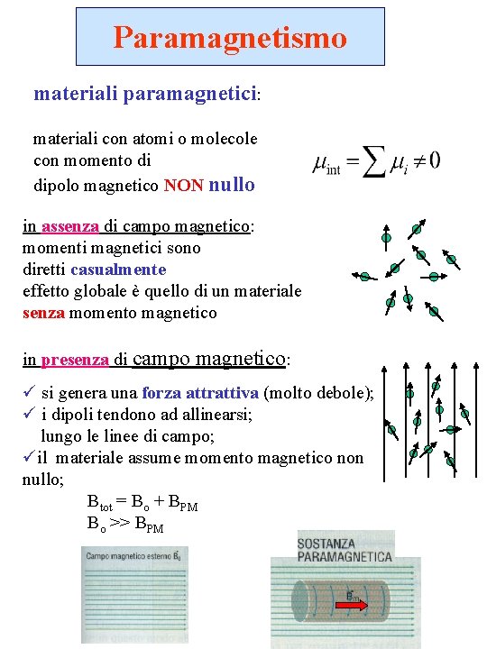 Paramagnetismo materiali paramagnetici: materiali con atomi o molecole con momento di dipolo magnetico NON