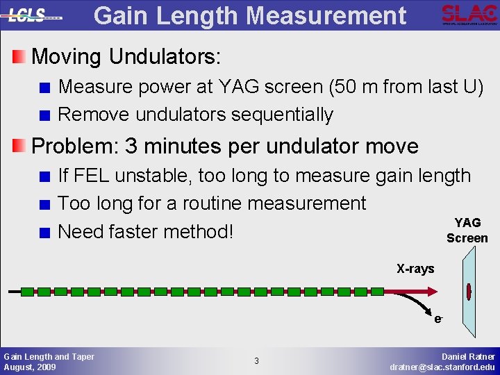 Gain Length Measurement Moving Undulators: Measure power at YAG screen (50 m from last