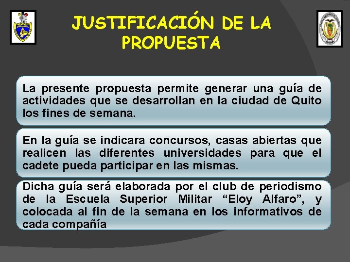 JUSTIFICACIÓN DE LA PROPUESTA La presente propuesta permite generar una guía de actividades que