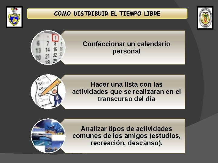 COMO DISTRIBUIR EL TIEMPO LIBRE Confeccionar un calendario personal Hacer una lista con las