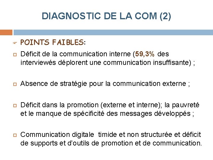DIAGNOSTIC DE LA COM (2) POINTS FAIBLES: Déficit de la communication interne (59, 3%