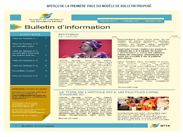 APERÇU DE LA PREMIÈRE PAGE DU MODÈLE DE BULLETIN PROPOSÉ. 