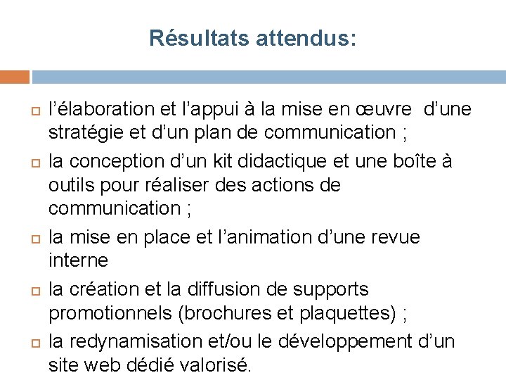 Résultats attendus: l’élaboration et l’appui à la mise en œuvre d’une stratégie et d’un