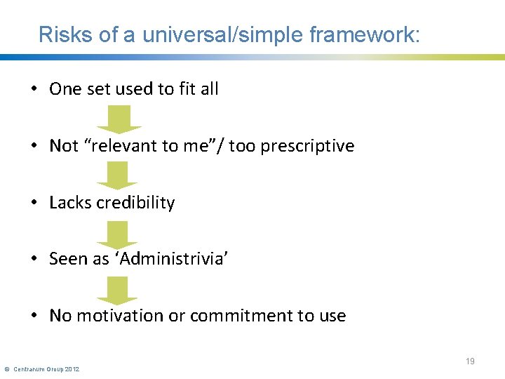 Risks of a universal/simple framework: • One set used to fit all • Not