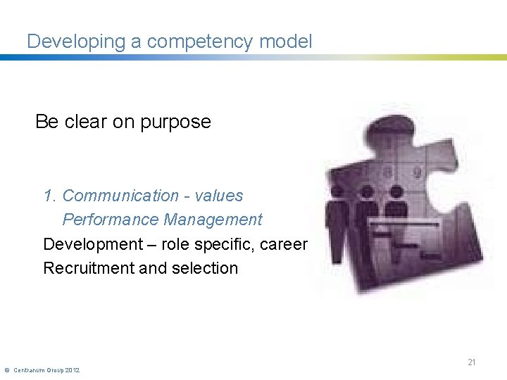 Developing a competency model Be clear on purpose 1. Communication - values Performance Management