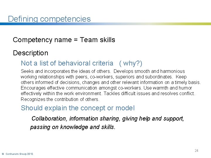 Defining competencies Competency name = Team skills Description Not a list of behavioral criteria