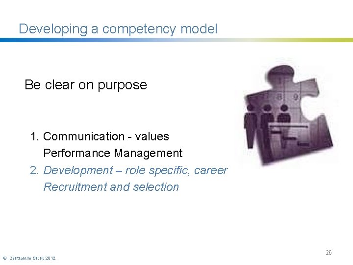 Developing a competency model Be clear on purpose 1. Communication - values Performance Management
