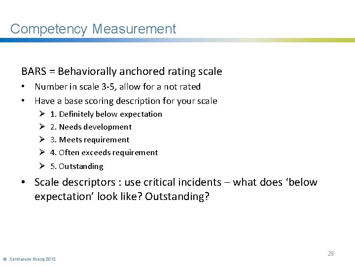 Competency Measurement BARS = Behaviorally anchored rating scale • Number in scale 3 -5,