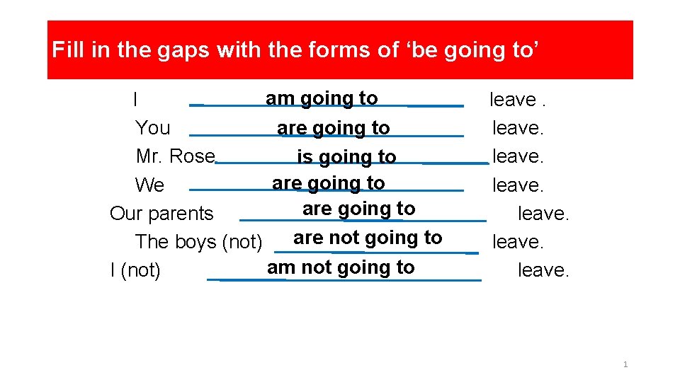 Fill in the gaps with the forms of ‘be going to’ am going to Fill in the gaps with the forms of ‘be going to’ am going to