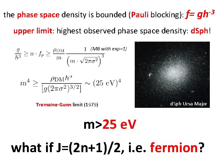 the phase space density is bounded (Pauli blocking): f= gh-3 upper limit: highest observed