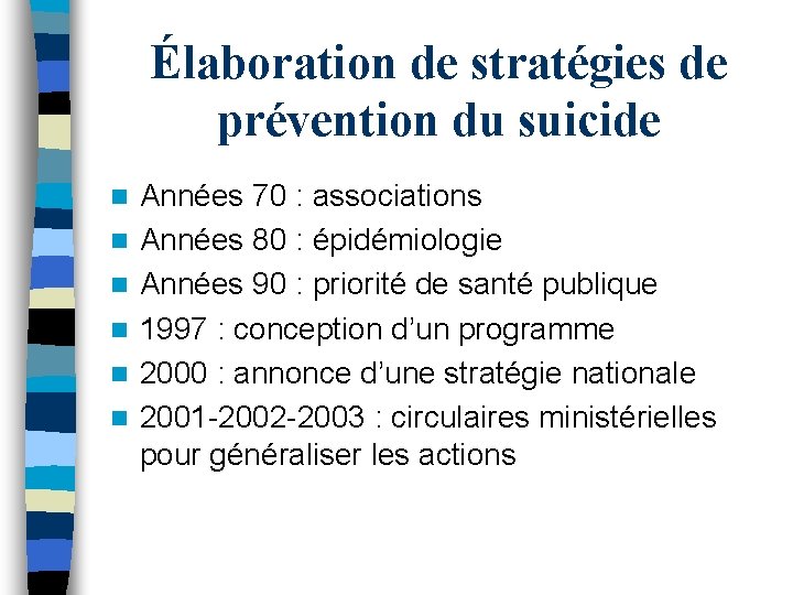 Élaboration de stratégies de prévention du suicide n n n Années 70 : associations