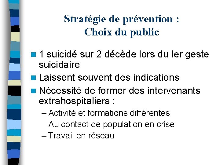 Stratégie de prévention : Choix du public n 1 suicidé sur 2 décède lors