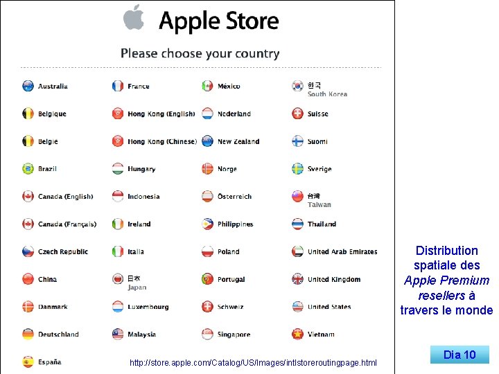 Distribution spatiale des Apple Premium resellers à travers le monde http: //store. apple. com/Catalog/US/Images/intlstoreroutingpage.