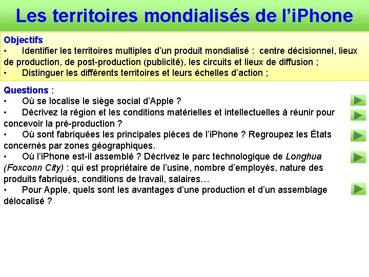 Les territoires mondialisés de l’i. Phone Objectifs • Identifier les territoires multiples d’un produit