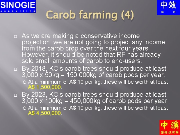 Carob farming (4) As we are making a conservative income projection, we are not