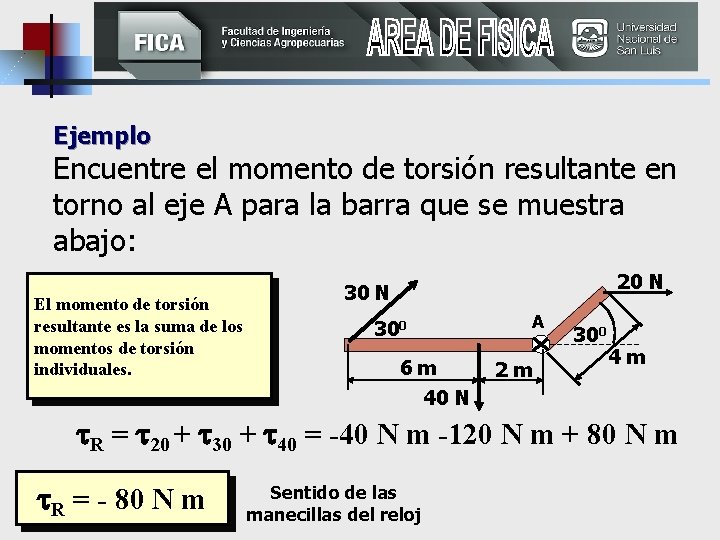 Ejemplo Encuentre el momento de torsión resultante en torno al eje A para la