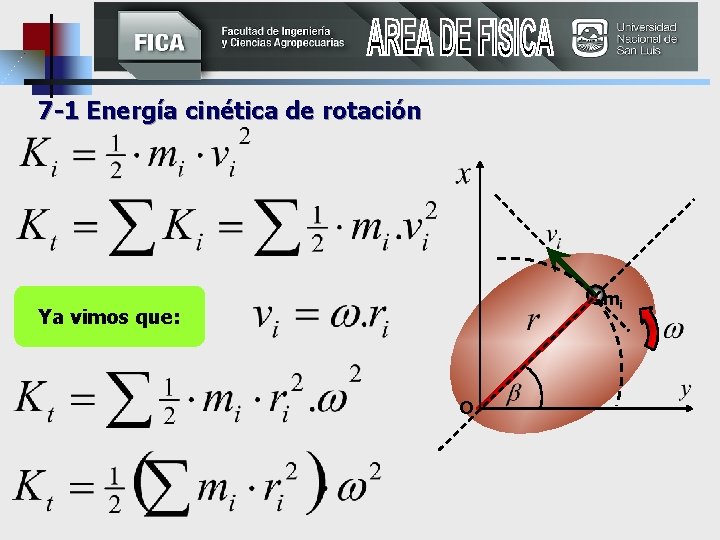 7 -1 Energía cinética de rotación mi Ya vimos que: O 