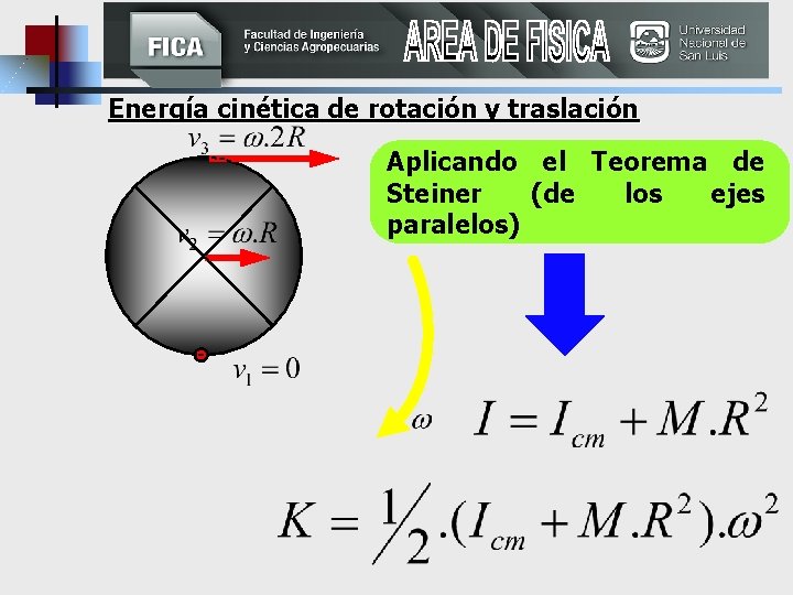 Energía cinética de rotación y traslación Aplicando el Teorema de Steiner (de los ejes