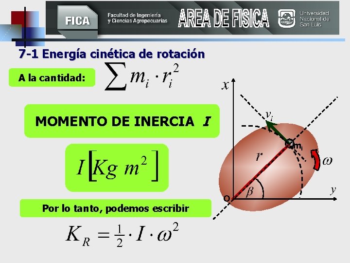 7 -1 Energía cinética de rotación A la cantidad: MOMENTO DE INERCIA I mi