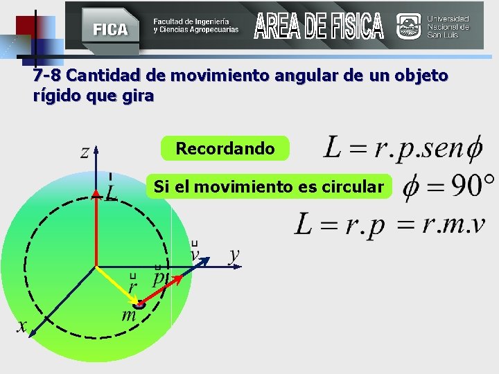 7 -8 Cantidad de movimiento angular de un objeto rígido que gira Recordando Si