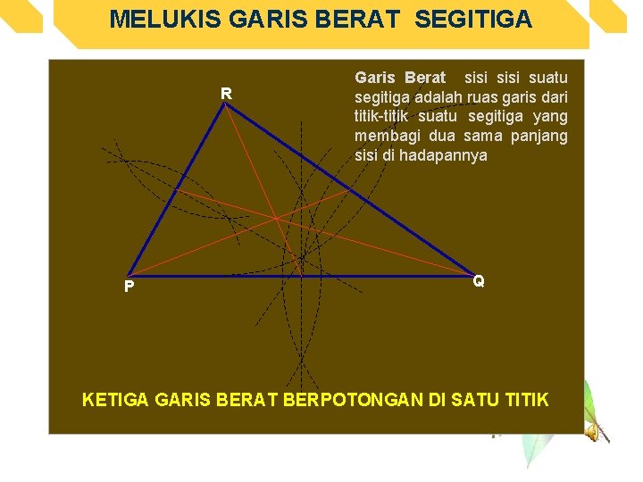 MELUKIS GARIS BERAT SEGITIGA R P Garis Berat sisi suatu segitiga adalah ruas garis