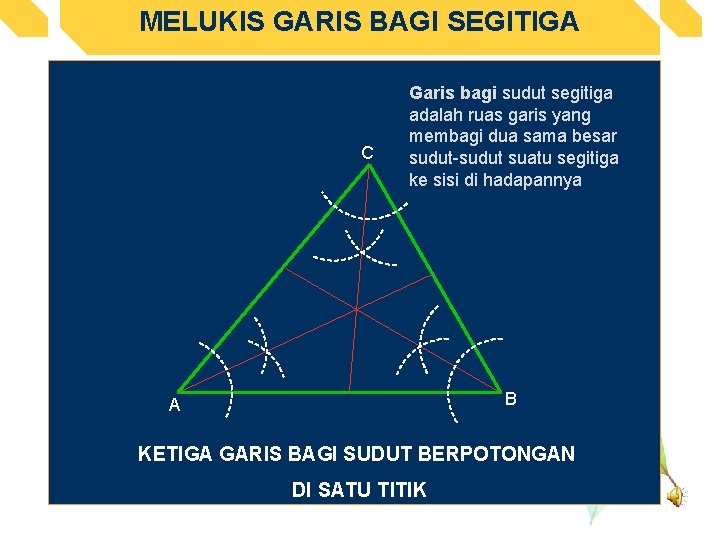 MELUKIS GARIS BAGI SEGITIGA C Garis bagi sudut segitiga adalah ruas garis yang membagi