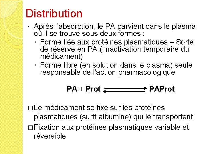 Distribution • Après l’absorption, le PA parvient dans le plasma où il se trouve