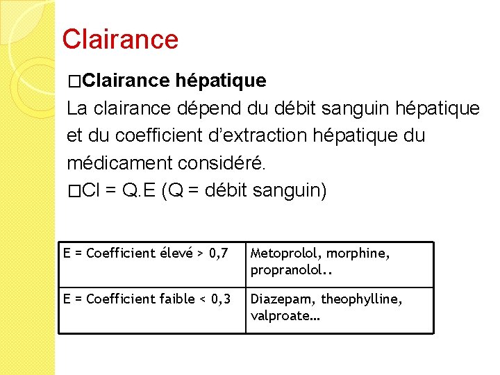 Clairance �Clairance hépatique La clairance dépend du débit sanguin hépatique et du coefficient d’extraction