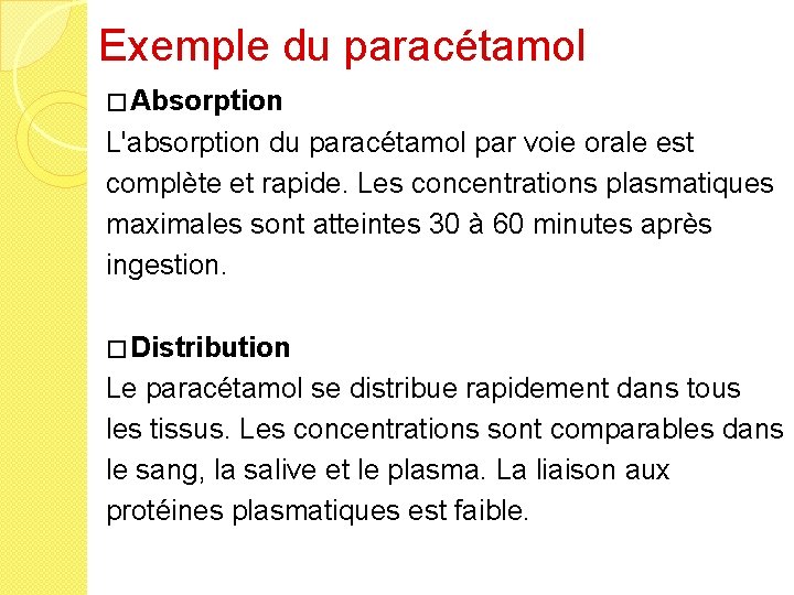 Exemple du paracétamol � Absorption L'absorption du paracétamol par voie orale est complète et