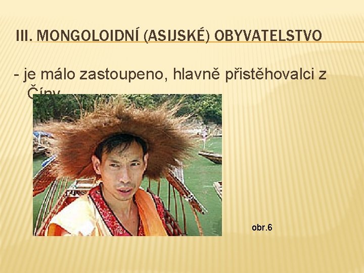 III. MONGOLOIDNÍ (ASIJSKÉ) OBYVATELSTVO - je málo zastoupeno, hlavně přistěhovalci z Číny obr. 6