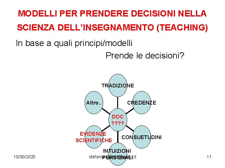 MODELLI PER PRENDERE DECISIONI NELLA SCIENZA DELL’INSEGNAMENTO (TEACHING) In base a quali principi/modelli Prende