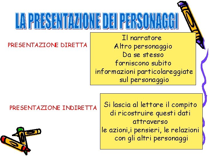 PRESENTAZIONE DIRETTA Il narratore Altro personaggio Da se stesso forniscono subito informazioni particolareggiate sul