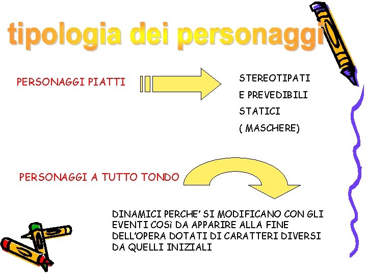 PERSONAGGI PIATTI STEREOTIPATI E PREVEDIBILI STATICI ( MASCHERE) PERSONAGGI A TUTTO TONDO DINAMICI PERCHE’