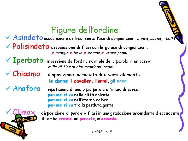 Figure dell’ordine ü Asindeto associazione di frasi senza l’uso di congiunzioni: canta, suona, ü