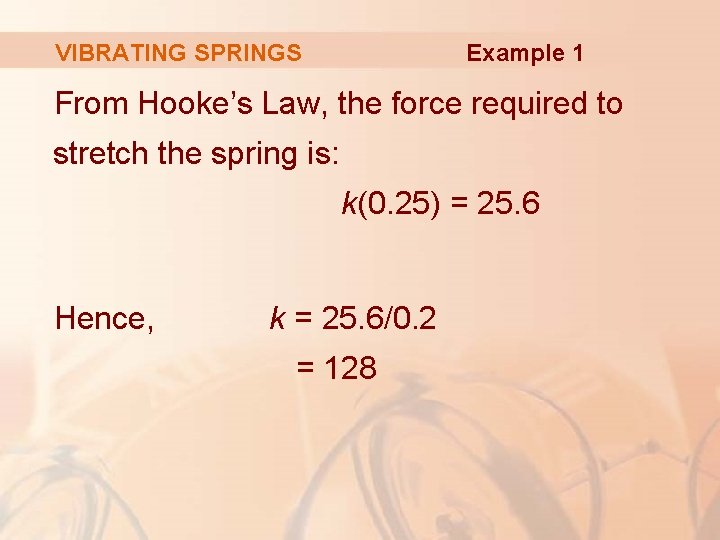 VIBRATING SPRINGS Example 1 From Hooke’s Law, the force required to stretch the spring