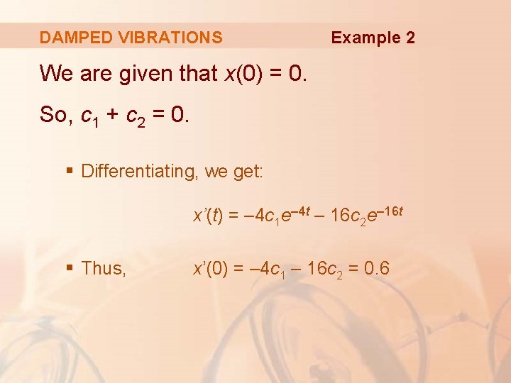 DAMPED VIBRATIONS Example 2 We are given that x(0) = 0. So, c 1