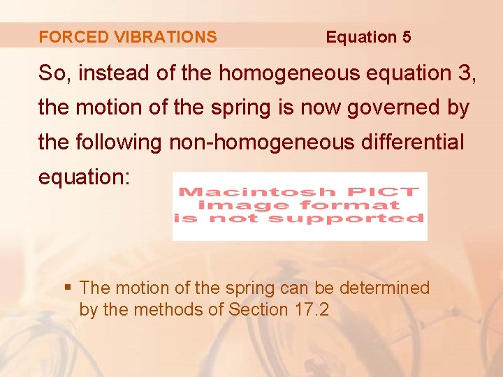 FORCED VIBRATIONS Equation 5 So, instead of the homogeneous equation 3, the motion of