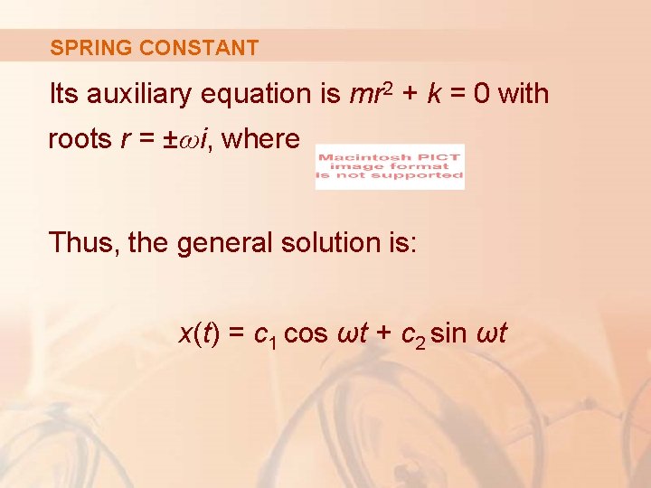 SPRING CONSTANT Its auxiliary equation is mr 2 + k = 0 with roots