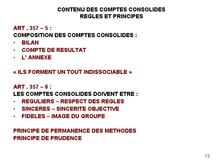 CONTENU DES COMPTES CONSOLIDES REGLES ET PRINCIPES ART. 357 – 5 : COMPOSITION DES