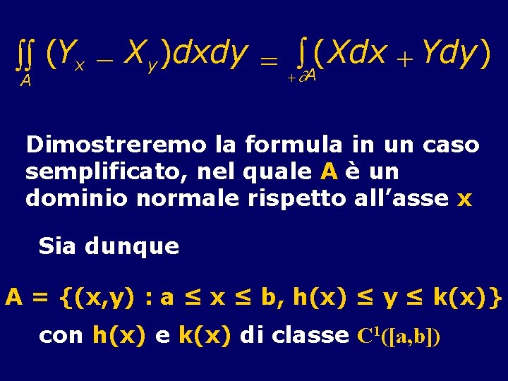 òò (Yx - X y )dxdy = +ò¶A(Xdx + Ydy) A Dimostreremo la formula