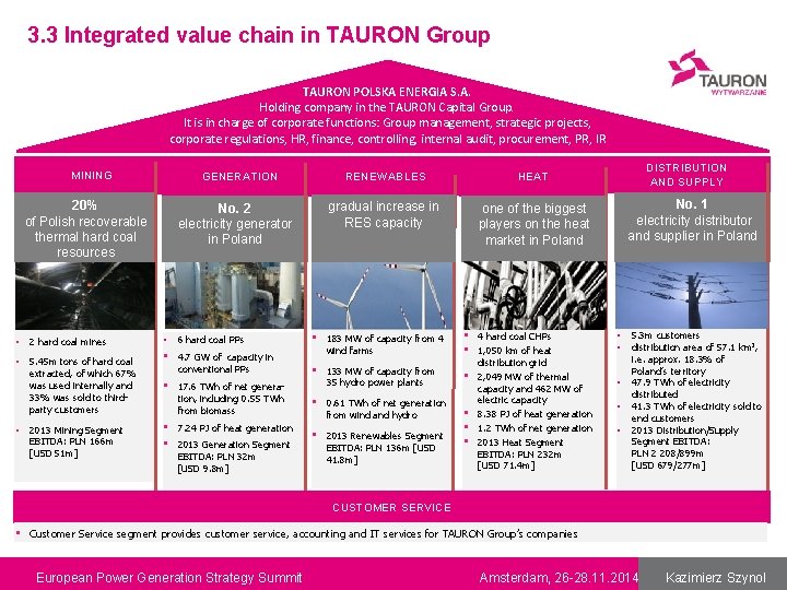 3. 3 Integrated value chain in TAURON Group TAURON POLSKA ENERGIA S. A. Holding