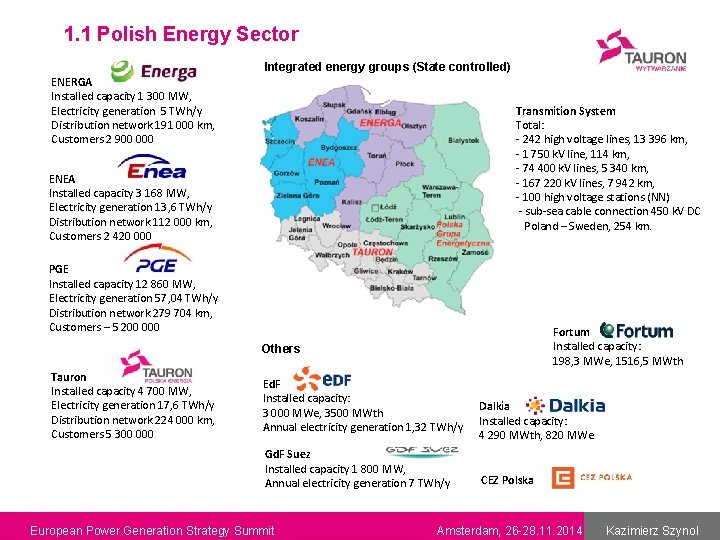 1. 1 Polish Energy Sector Integrated energy groups (State controlled) ENERGA Installed capacity 1