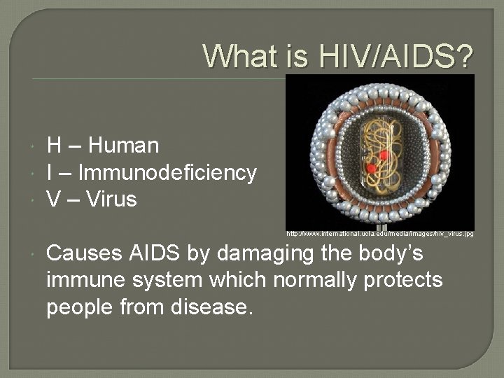 What is HIV/AIDS? H – Human I – Immunodeficiency V – Virus http: //www.
