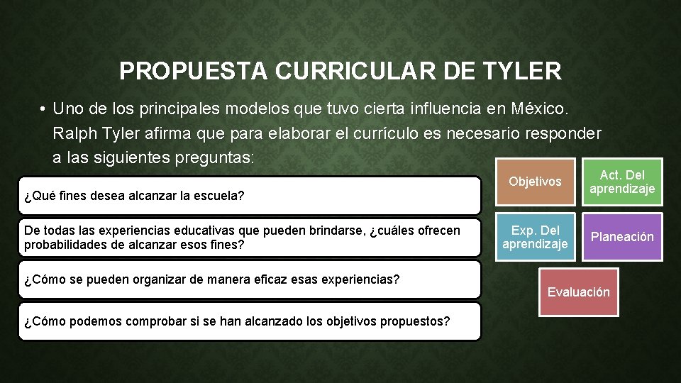 PROPUESTA CURRICULAR DE TYLER • Uno de los principales modelos que tuvo cierta influencia