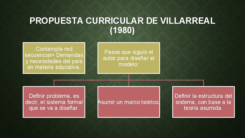 PROPUESTA CURRICULAR DE VILLARREAL (1980) Contempla red secuencial= Demandas y necesidades del país en