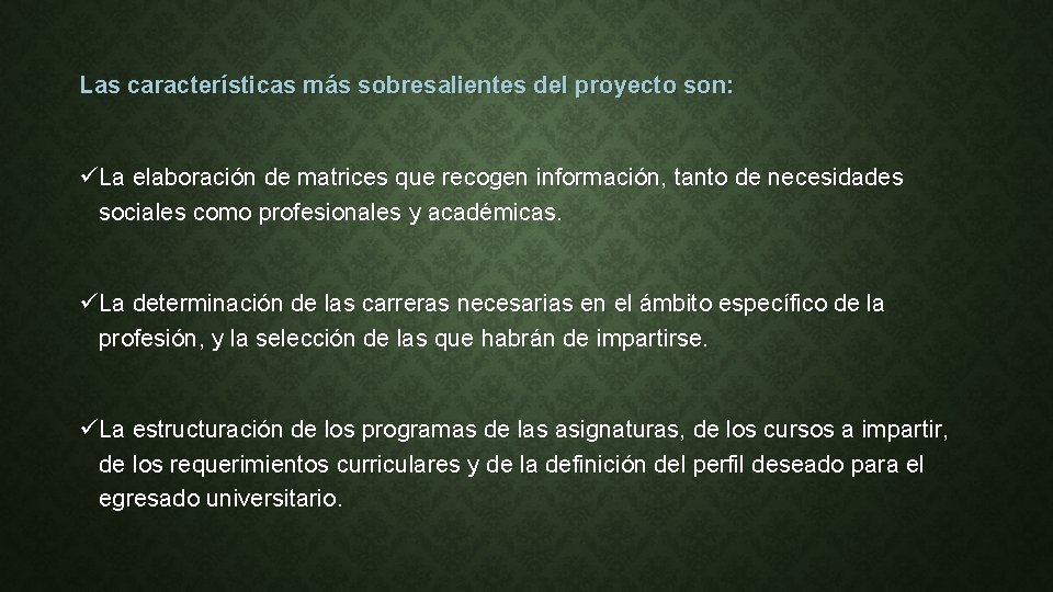 Las características más sobresalientes del proyecto son: üLa elaboración de matrices que recogen información,