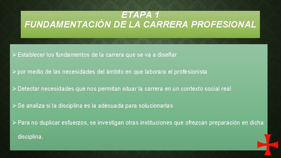 ETAPA 1 FUNDAMENTACIÓN DE LA CARRERA PROFESIONAL Ø Establecer los fundamentos de la carrera